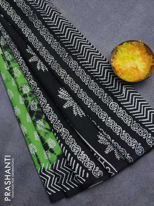 Jaipur cotton saree light green and black with tie & dye prints buttas and printed border