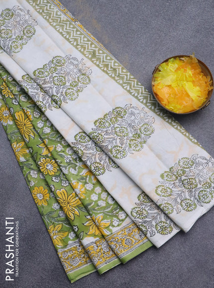 Jaipur cotton saree sap green with allover kalamkari prints and printed border