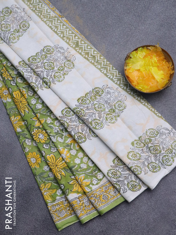 Jaipur cotton saree sap green with allover kalamkari prints and printed border