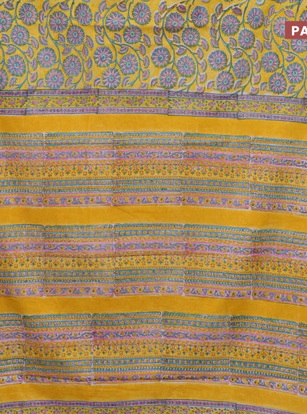 Jaipur cotton saree yellow with allover kalamkari prints and printed border