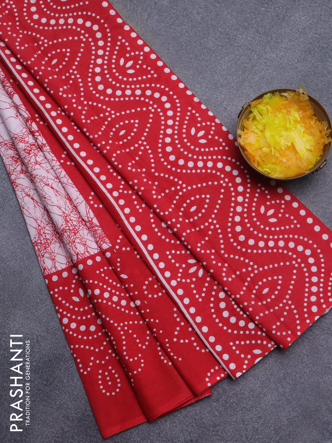 Jaipur cotton saree off white and red with allover prints and printed border