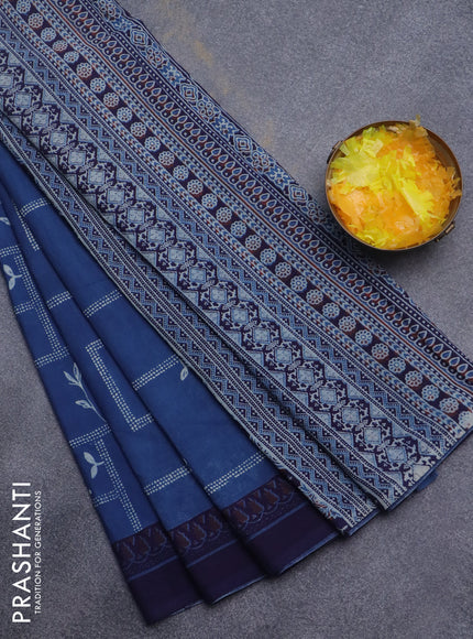 Jaipur cotton saree blue and navy blue with allover prints and printed border