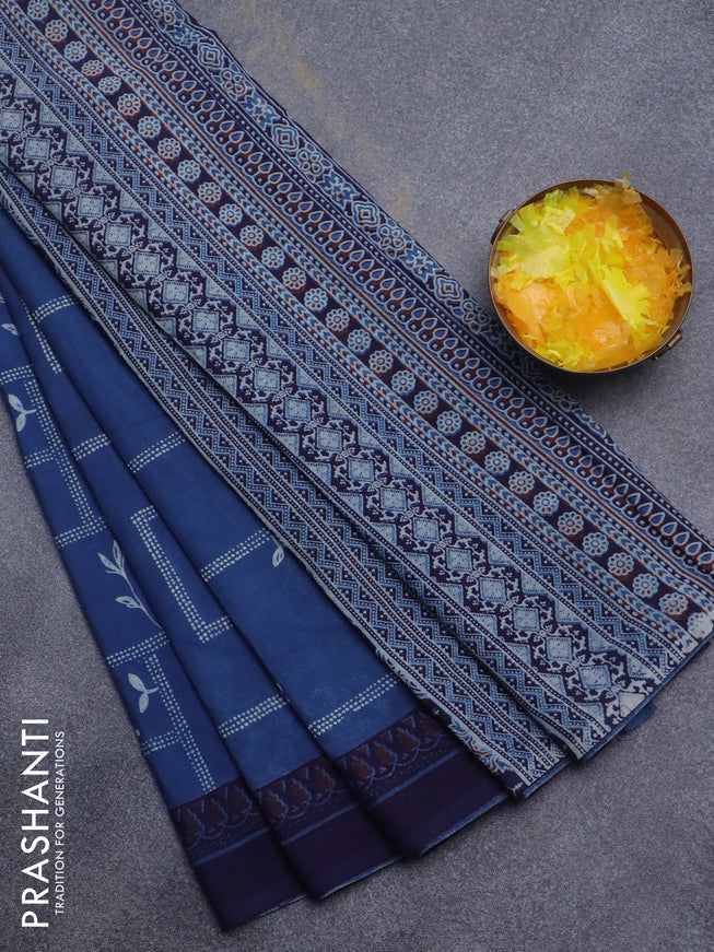 Jaipur cotton saree blue and navy blue with allover prints and printed border