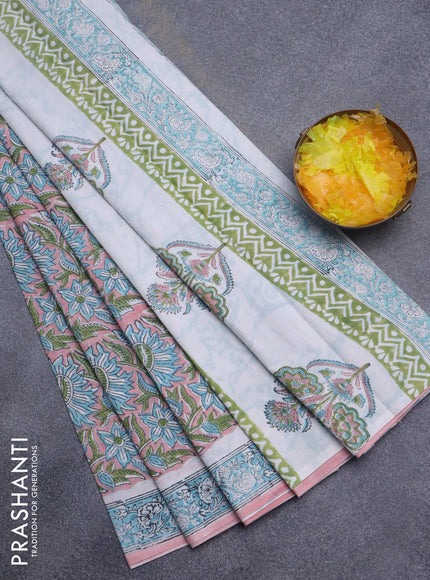 Jaipur cotton saree peach pink and pastel blue with allover kalamkari prints and printed border