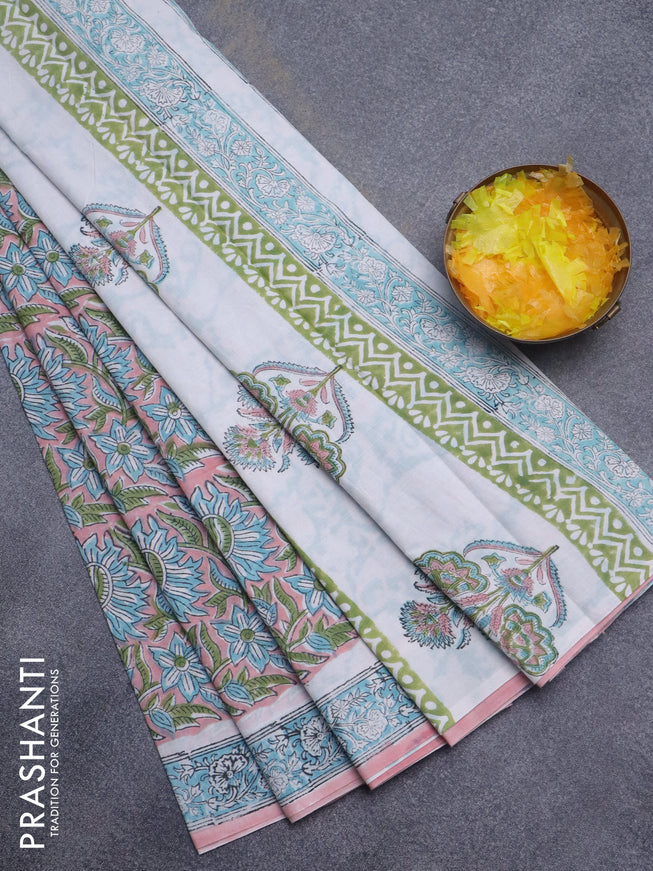 Jaipur cotton saree peach pink and pastel blue with allover kalamkari prints and printed border