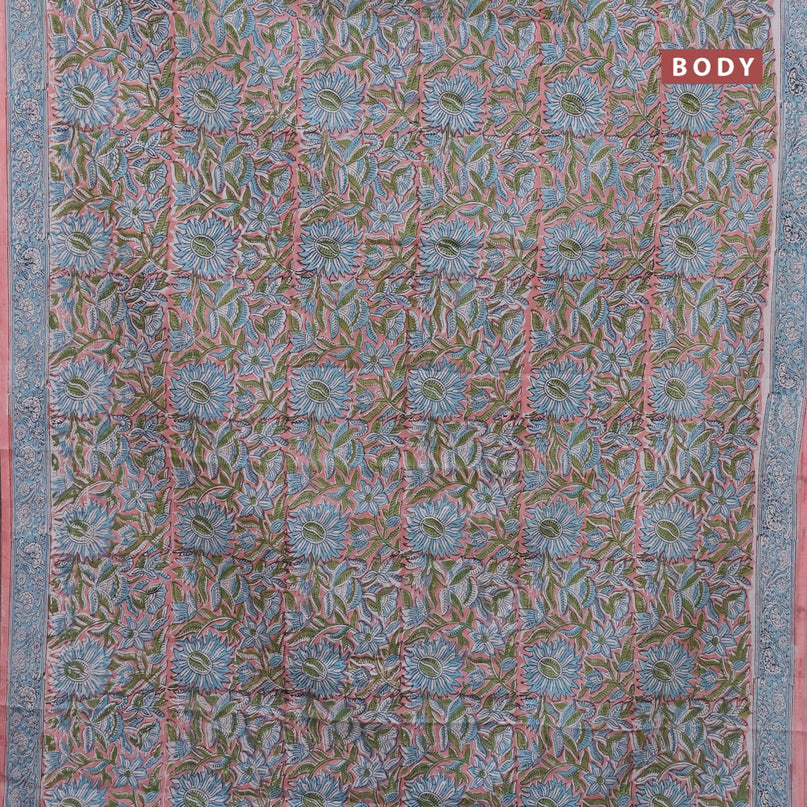 Jaipur cotton saree peach pink and pastel blue with allover kalamkari prints and printed border