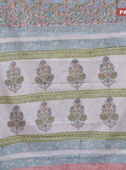 Jaipur cotton saree peach pink and pastel blue with allover kalamkari prints and printed border