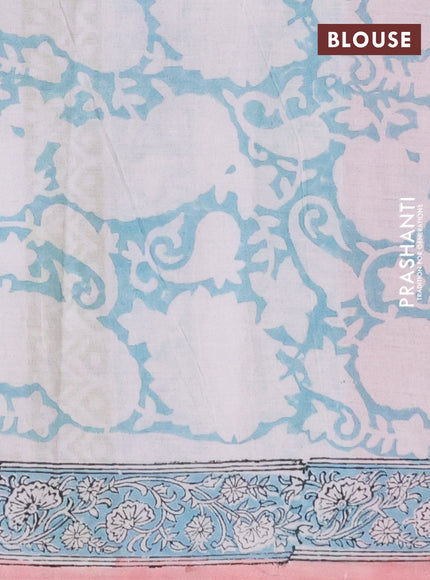 Jaipur cotton saree peach pink and pastel blue with allover kalamkari prints and printed border