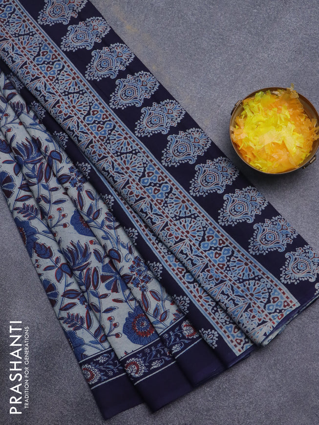 Jaipur cotton saree grey and navy blue with allover prints and printed border