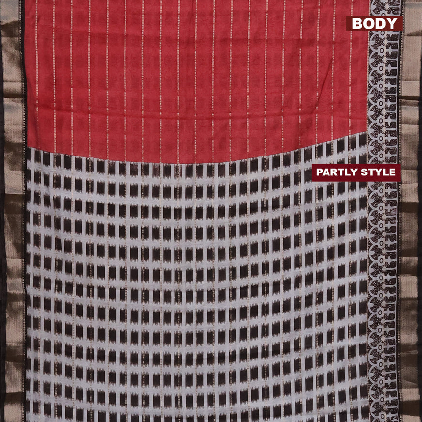 Assam partly silk saree red and black with allover prints & zari weaves and zari woven border