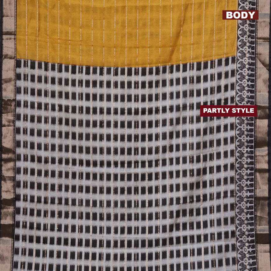 Assam partly silk saree mustard yellow and black with allover prints & zari weaves and zari woven border