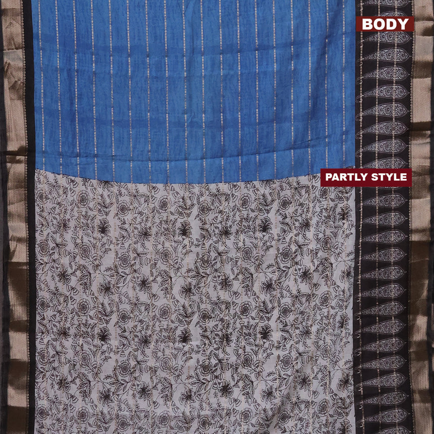 Assam partly silk saree blue and black with allover digital prints & zari weaves and zari woven border