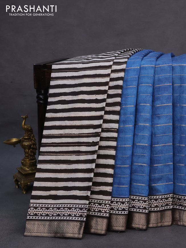 Assam partly silk saree blue and black with digital prints & zari weaves and zari woven border