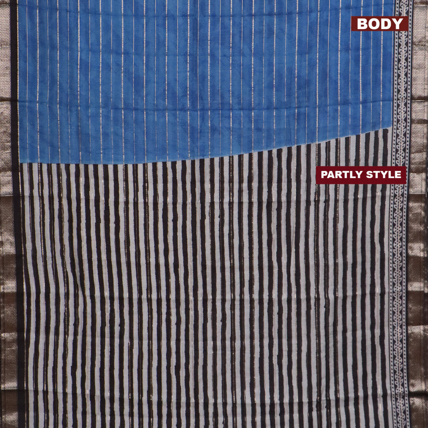 Assam partly silk saree blue and black with digital prints & zari weaves and zari woven border