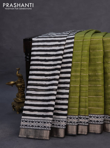 Assam partly silk saree mehendi green and black with digital prints & zari weaves and zari woven border