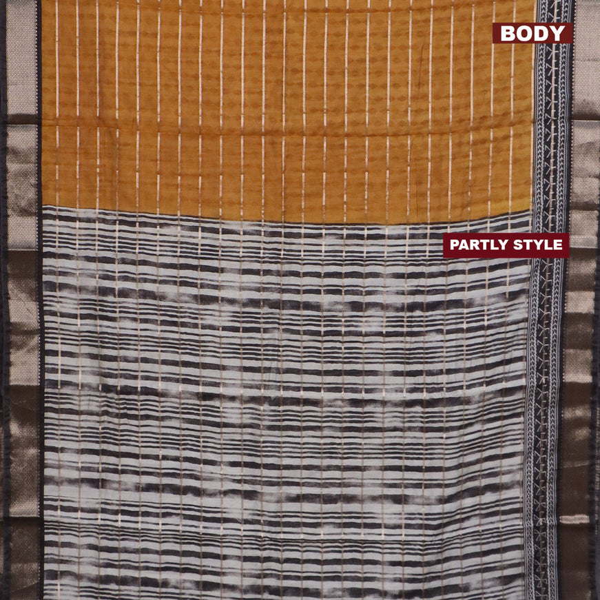 Assam partly silk saree mustard yellow and black with digital prints & zari weaves and zari woven border