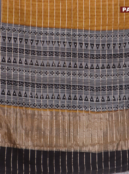 Assam partly silk saree mustard yellow and black with digital prints & zari weaves and zari woven border