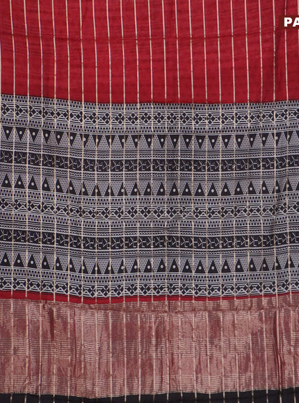 Assam partly silk saree maroon and black with digital prints & zari weaves and zari woven border