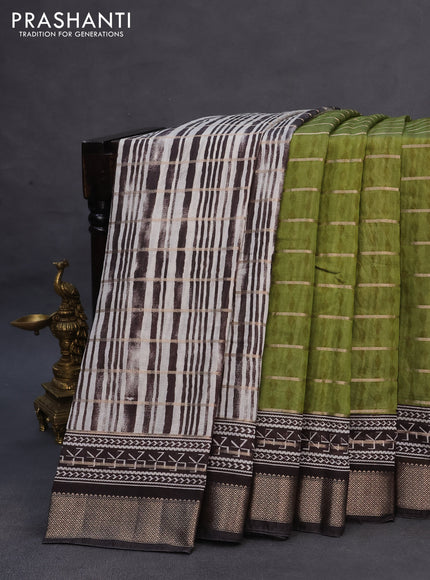 Assam partly silk saree mehendi green and black with digital prints & zari weaves and zari woven border