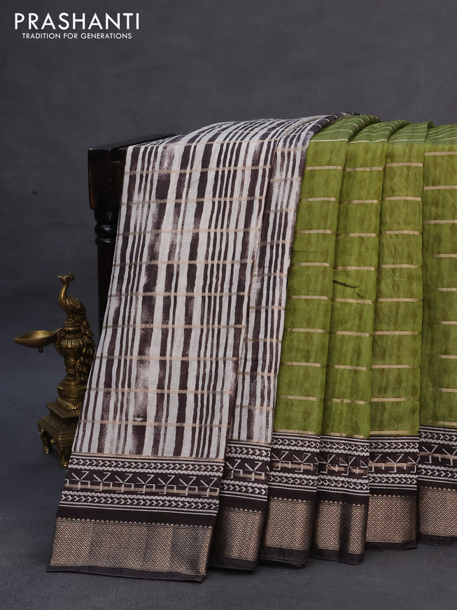 Assam partly silk saree mehendi green and black with digital prints & zari weaves and zari woven border