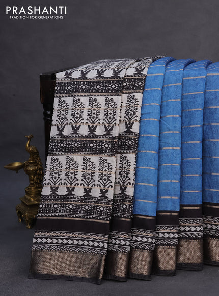 Assam partly silk saree blue and black with digital prints & zari weaves and zari woven border