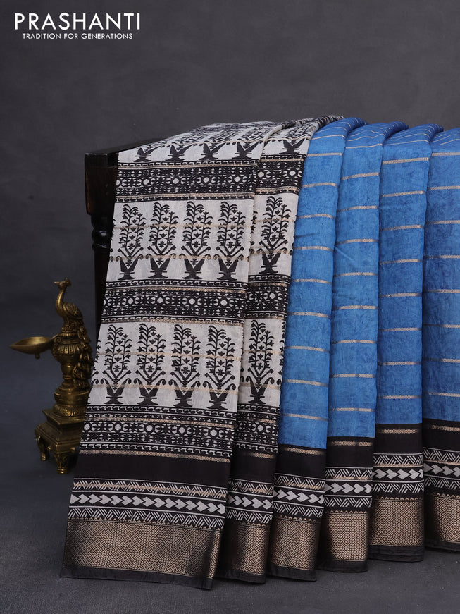 Assam partly silk saree blue and black with digital prints & zari weaves and zari woven border