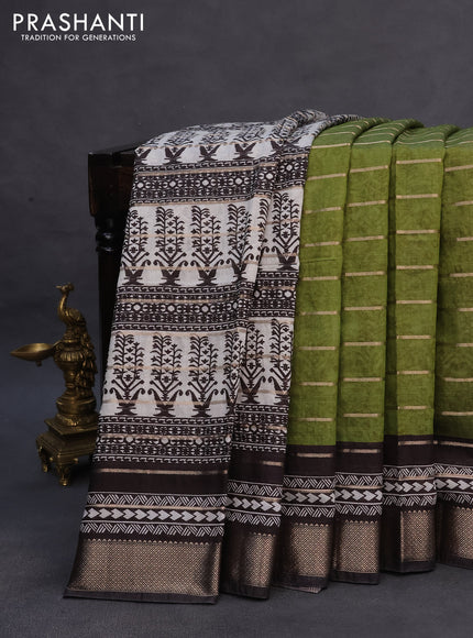 Assam partly silk saree mehendi green and black with digital prints & zari weaves and zari woven border