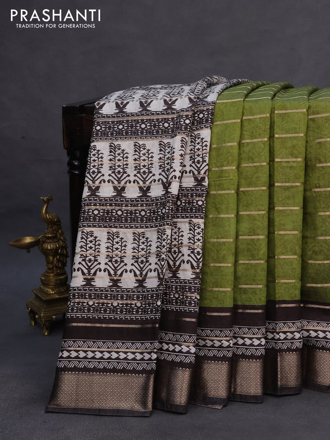 Assam partly silk saree mehendi green and black with digital prints & zari weaves and zari woven border