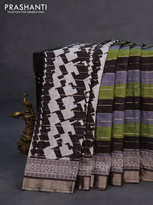 Assam partly silk saree multi colour and green black with digital prints & zari weaves and zari woven border