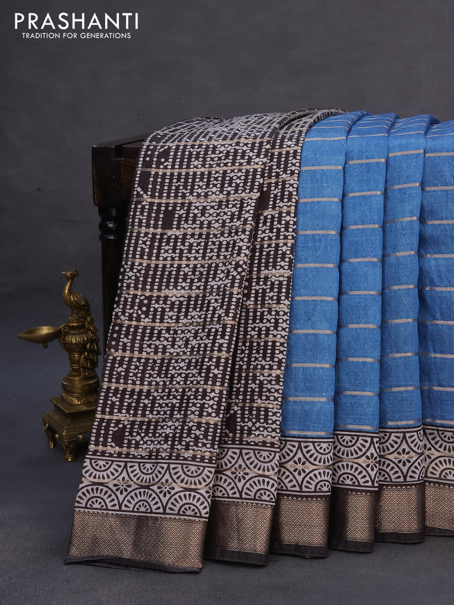 Assam partly silk saree blue and black with digital prints & zari weaves and zari woven border