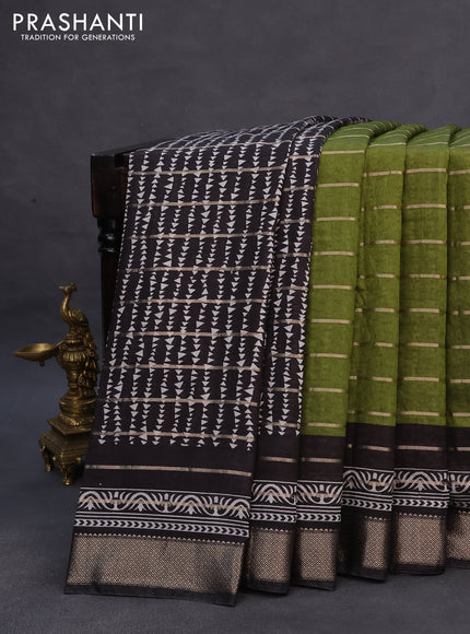 Assam partly silk saree mehendi green and black with digital prints & zari weaves and zari woven border