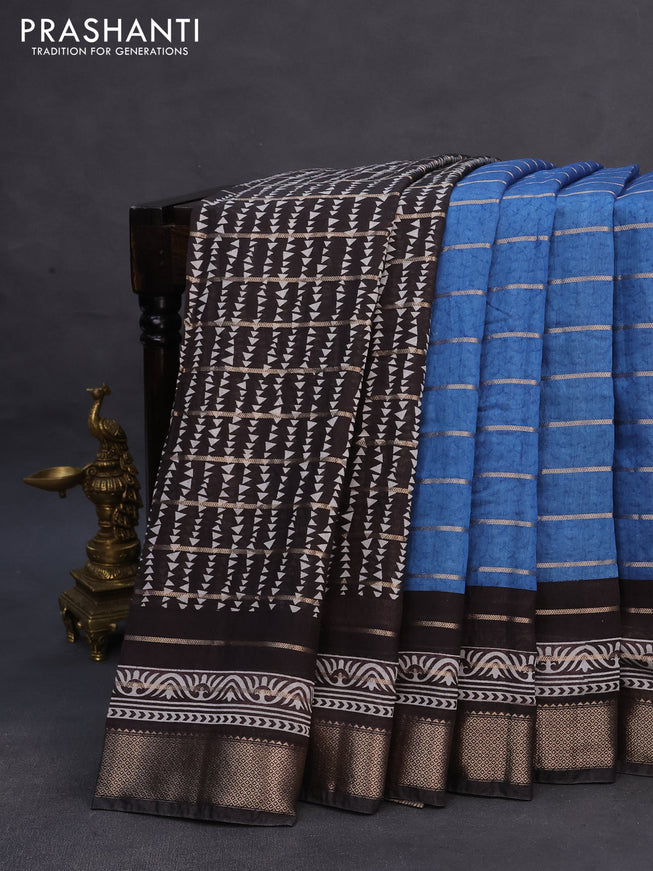 Assam partly silk saree blue and black with digital prints & zari weaves and zari woven border