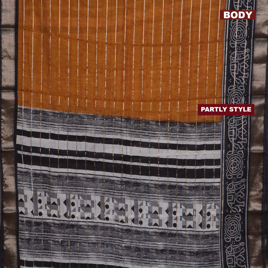 Assam partly silk saree dark mustard and black with digital prints & zari weaves and zari woven border