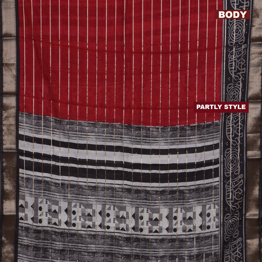 Assam partly silk saree maroon and black with digital prints & zari weaves and zari woven border