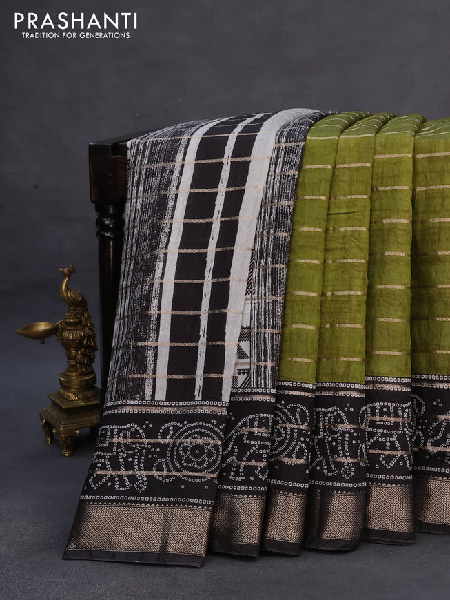 Assam partly silk saree mehendi green and black with digital prints & zari weaves and zari woven border