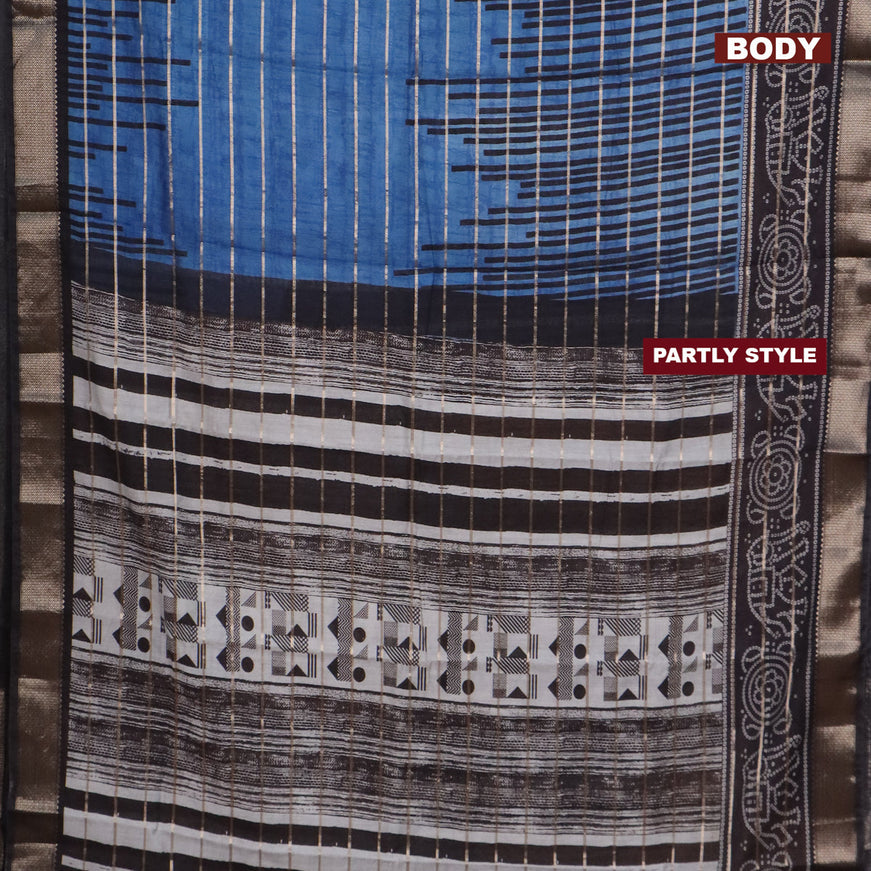 Assam partly silk saree peacock blue and black with digital prints & zari weaves and zari woven border