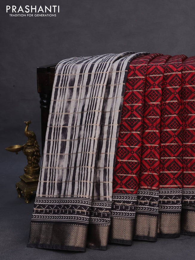 Assam partly silk saree maroon and black with digital prints & zari weaves and zari woven border