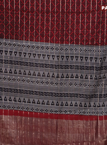 Assam partly silk saree maroon and black with digital prints & zari weaves and zari woven border