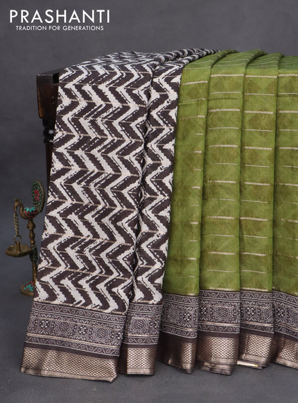 Assam partly silk saree mehendi green and black with digital prints & zari weaves and zari woven border