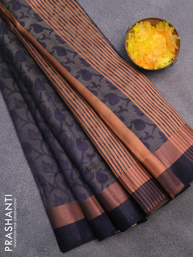 Semi raw silk saree navy blue with allover self emboss and zari woven border