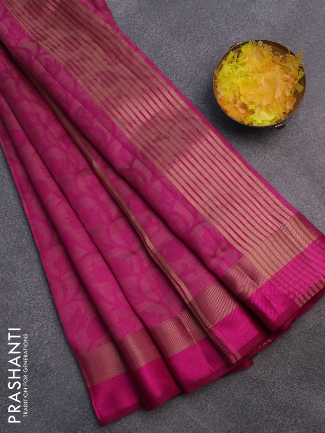 Semi raw silk saree magenta pink with allover self emboss and zari woven border