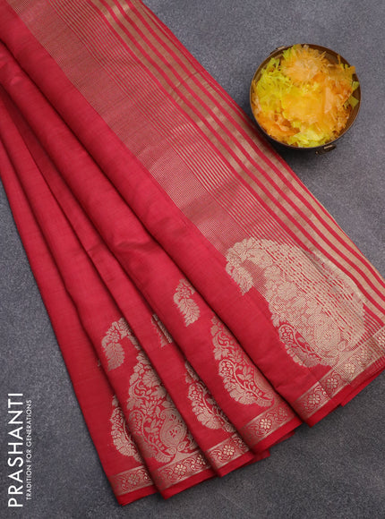 Semi raw silk saree reddish pink with plain body and paisley zari woven butta border