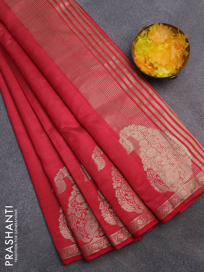 Semi raw silk saree reddish pink with plain body and paisley zari woven butta border