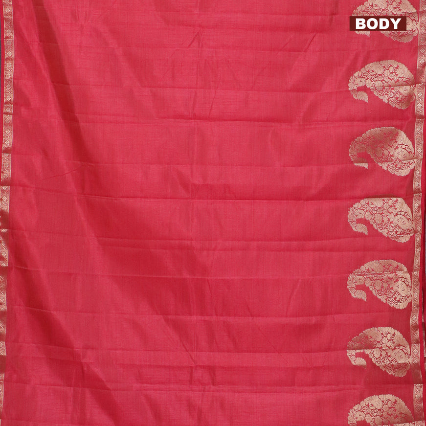 Semi raw silk saree reddish pink with plain body and paisley zari woven butta border