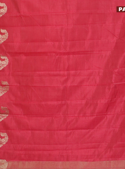 Semi raw silk saree reddish pink with plain body and paisley zari woven butta border