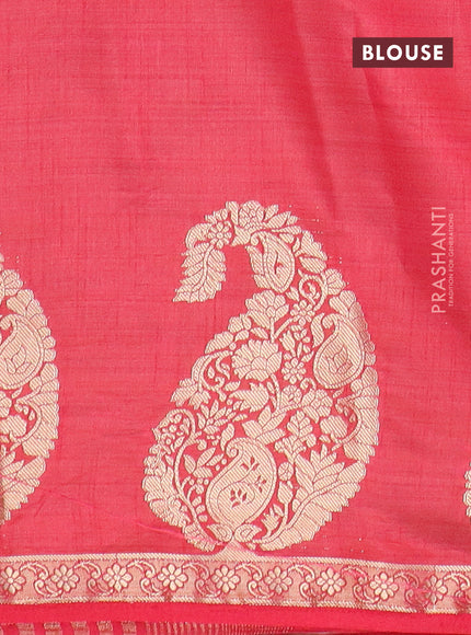 Semi raw silk saree reddish pink with plain body and paisley zari woven butta border