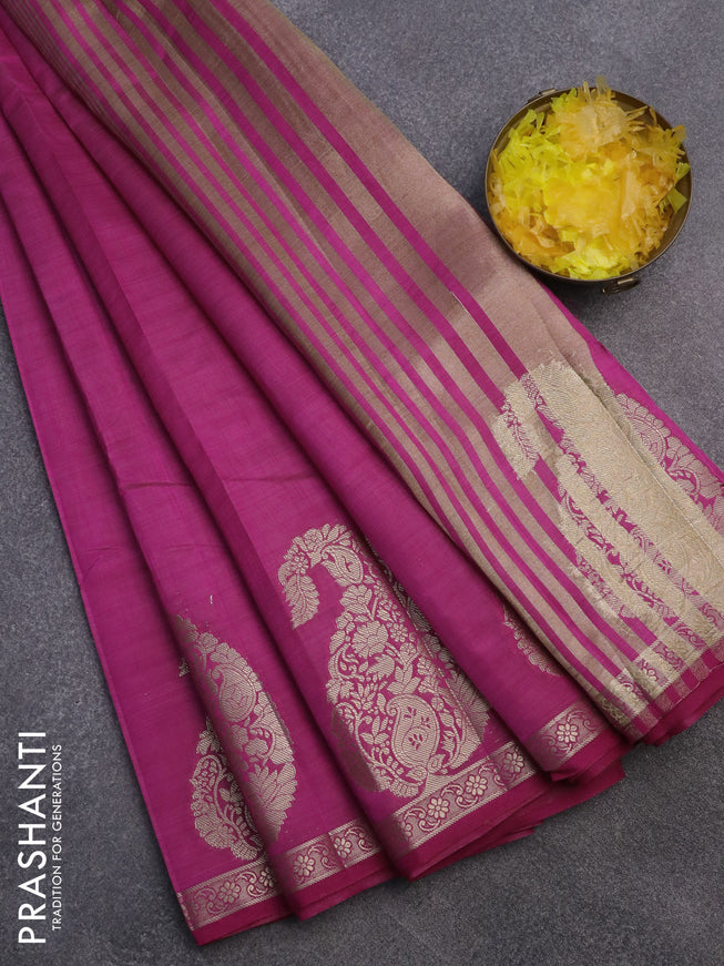 Semi raw silk saree magenta pink with plain body and paisley zari woven butta border