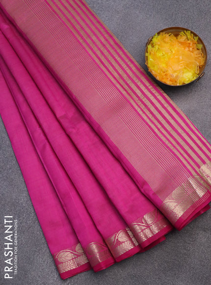 Semi raw silk saree pink with plain body and leaf design zari woven border