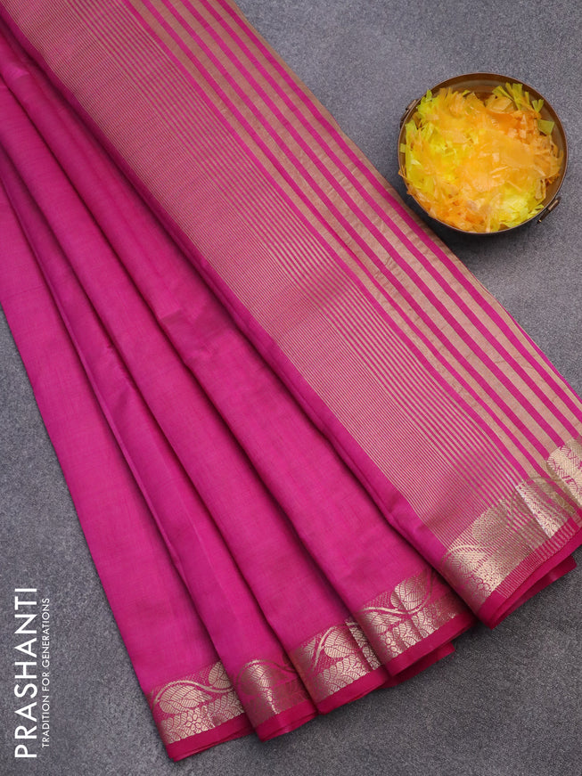 Semi raw silk saree pink with plain body and leaf design zari woven border