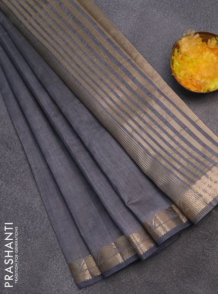 Semi raw silk saree grey with plain body and leaf design zari woven border